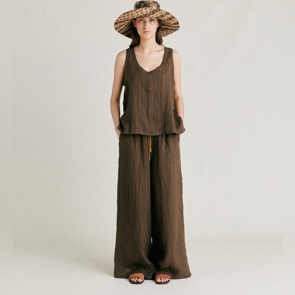 Momoni Neutral Army Green 100% Linen Wide Leg Pull On Pants - Picture 2 of 15